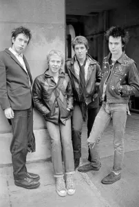 Sex Pistols punk rock band seen here in a London Circa 1st May 1977 Left is
