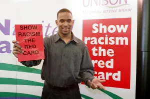00905 Prints: Shaka Hislop, Red card on Racism at Gosforth High School. 6th February 1998
