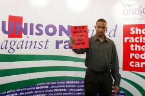 00905 Prints: Shaka Hislop, Red card on Racism at Gosforth High School. 6th February 1998