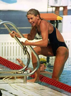 Sharron Davies TV Presenter / Swimmer leaves the pool after finishing 7th in the woman
