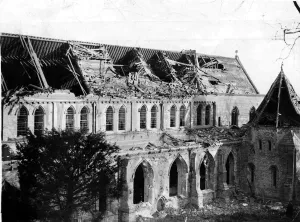 Destroyed Prints: The shattered nave of Llandaff Cathedral in the harsh light of dawn on January 3rd
