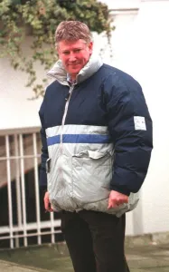 Shaun Scott actor walks his dog in Kensington February 1999