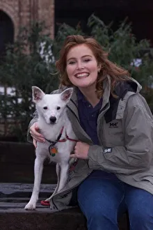 Shauna Lowry TV Presenter October 1999 with her pet dog Doc at Battersea Dogs Home