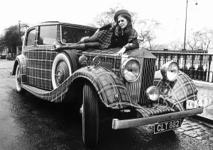 Tartan Prints: Sheena Hardy model with tartan painted Rolls Royce 1971