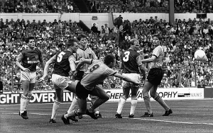 Sherpa Van Trophy winners Wolverhampton Wanderers Steve Bull heading the ball which led to a goal by Andy Mutch. May 1988