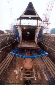 Cranes Prints: A ship being built in dry dock at Tees Dock Yard in Middlesbrough in 1995