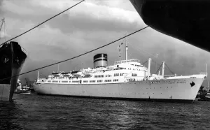 The ship Ocean Monarch (now called Varna) arrives at the River Tyne for her annual refit