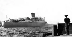 The ship Ocean Monarch (now called Varna) leaves the River Tyne after her refit
