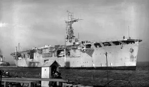 Ships Royal Navy Aircraft Carrier HMS Campania comes in to dock at Portsmouth