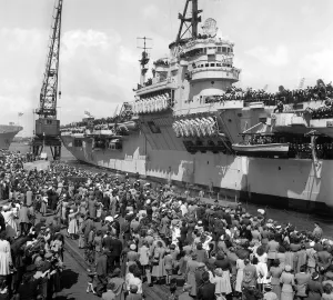 Dockyard Prints: Ships Royal Navy Aircraft Carrier HMS Glory July 1953 Crowds gather