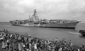 Ships Royal Navy Aircraft Carrier HMS Glory July 1953 Crowds gather