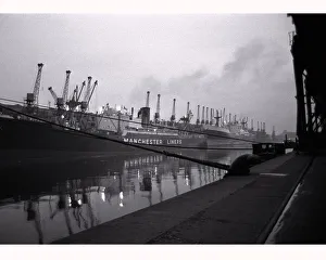 00131 Prints: Ships unloading in the docks at Manchester seen through the mist May 1967