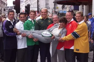 Shirley Bassey launches ITV rugby world cup September 1999 with rugby legends Brendan