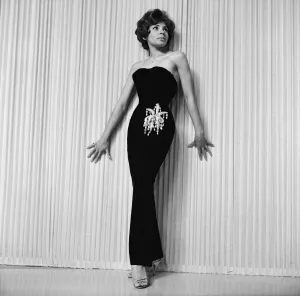 Shirley Bassey wearing the hip-hugging black velvet dress that she says catches mens