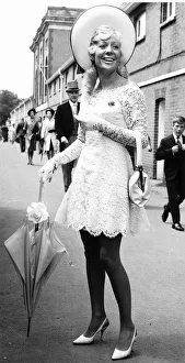 1960s Fashion Prints: Shirley Moore in white lace mini dress at Royal Ascot June 1969 Sixties fashion
