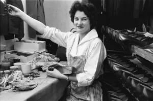 Shoes being finished and trimmed at the H Solomons shoe factory in Tottenham