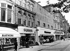 The shop frontages opposite Marks and Spencer in Queen Street, Cardiff, Wales