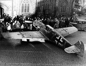A shot down German Messerschmitt Bf 109 fighter aircraft is put on display in Durham