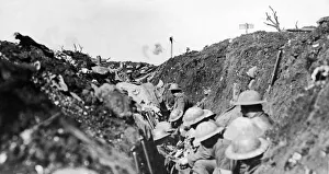 Somme Prints: Shrapnel bursting over Canadian troops sheltering in a reserve trench during