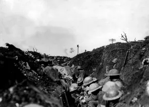 Trenches Prints: Shrapnel bursting over reserve trench in Canadian line in mid-October of the Somme