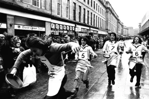 00446 Prints: The Shrove Tuesday Jiff Lemons Pancake Race in Clayton Street