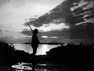 Guarding Prints: Silhouette of Scottish sentry guarding stores in Salonika during World War One