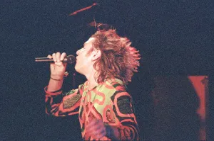Simon Le Bon singing with his band Duran Duran live on the 11th November 1988