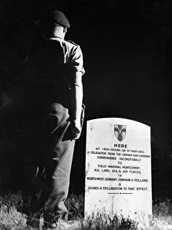 01456 Prints: A simple wooden plaque marks the spot on Luneberg Heath where the Germans signed