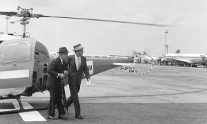 Singer Frank Sinatra seen here arriving at Heathrow Airport by helicopter