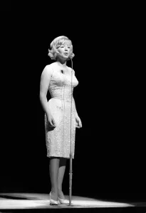 Singer Kathy Kirby performing on stage at the dress rehearsal for the Royal Command