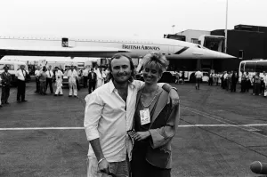 Singer Phil Collins & wife Jill Travelman at London Heathrow Airport 13th July 1985