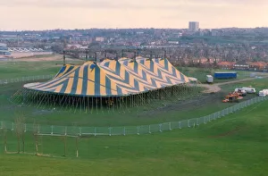 Tent Prints: Singer Songwriter Chris Rea - the tent is prepared for his concert at Gateshead Staudium