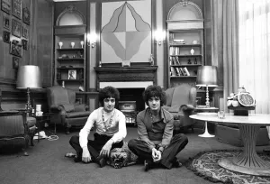Singer songwriters Paul and Barry Ryan (dark shirt) in their flat in North Audley Street