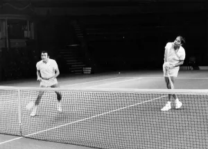Singer Tony Bennett (left) partners tennis star Pancho Gonzales in a knock-up