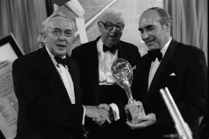 Prime Ministers Prints: Sir Alf Ramsey holds World Cup at Cafe Royal July 1974
