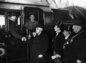 Chairman Prints: Sir Frederick Stamp, Chairman of the LM+S Railway shakes hands with Mr Fred Davis