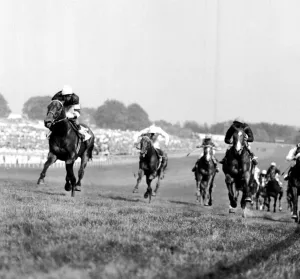 Sir Ivor with jockey Lester Piggott wins the Derby at Epsom 30th May 1968