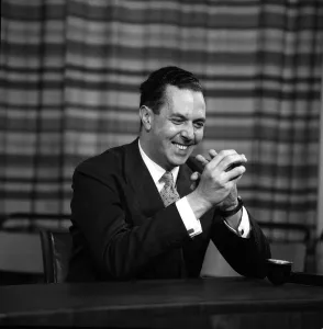 Sir Keith Joseph Minister of Housing Oct 1962 at a press conference at Hackney Town Hall