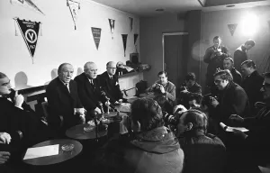 Sir Matt Busby, announces his resignation as Manager of Manchester United at press