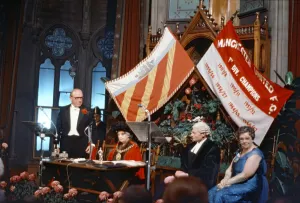 00980 Prints: Sir Matt Busby (left) granted freedom of Manchester from Lord Mayor Alderman