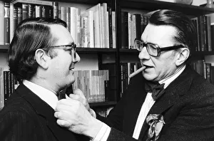 Sir Robin Day Tv Presenter and Broadcaster adjusts the polka dot bow tie of Peter Callan