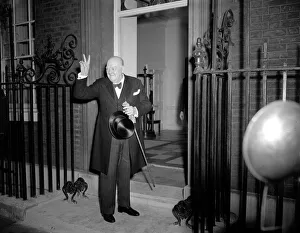 Gestures Prints: Sir Winston Churchill - 1955 British Prime Minister V sign outside Downing Street