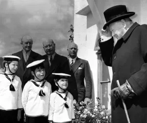 Greeting Prints: Sir Winston Churchill - May 1959 British Prime Minister raises his hat to 3 young