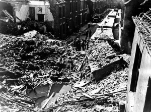 00421 Prints: Sixteen women and children were inside the surface air raid shelter nearest the camera