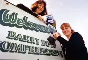 Mixed Prints: Sixth form pupils Anne-Marie Toms aged 17 and Hannah Wilton aged 18 paint the word Boys