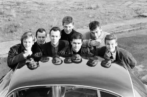 Young Men Only Prints: Ska group Madness pose in London whilst filming their new video. 30th January 1984