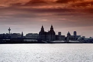 Ferry Prints: Skyline of Liverpool showing the Liver Building from across the Mersey river