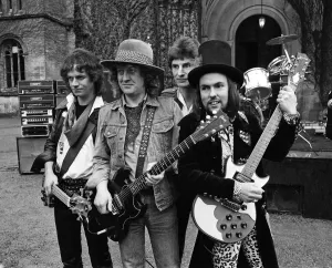 Slade (Dave Hill, Don Powell, Noddy Holder and Jim Lea) filming a new video at Eastnor