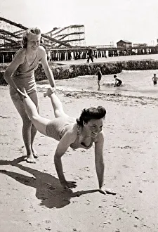 Hands Prints: Slimming exercises on the sands at Clacton on sea beach July 1946