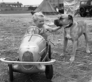 Norfolk Prints: Small boy in his pedal car plays fetch with his pet dog on the South Denes